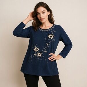 Victoria Embroidered Floral Top Blue XL/XXL Plus Size Retro Artsy Boho Classic